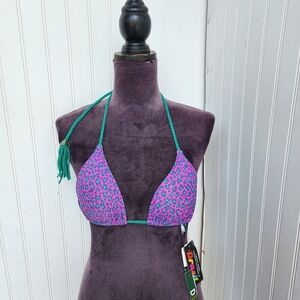 NWT DESPI Nairobi Purple Green Leopar print braid halter strap Tassel swim Top L